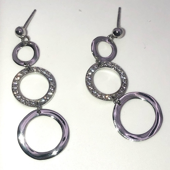 𝅺janinas Sterling Silver & Cz Circles Sparkly Dangle Stud Earrings 1.7” - Picture 1 of 6